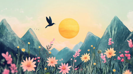 This stunning illustration features a vibrant floral landscape, with blooming flowers in the foreground and majestic mountains under a glowing sunset. A bird soars across a colorful sky, creating a peaceful and idyllic scene.の素材