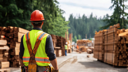A worker in a safety vest and helmet surveys a lumber yard surrounded by trees. This scene captures the essence of forestry and the timber industry in a natural setting.の素材