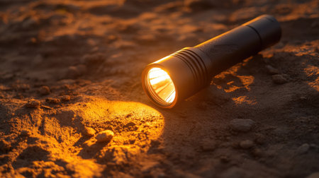 A bright flashlight rests on sandy ground, casting a warm glow as dusk descends. This image evokes themes of adventure and exploration in the outdoors.の素材