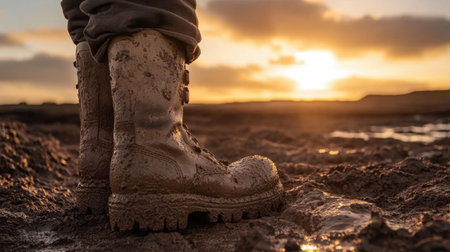 Close-up view of muddy work boots standing on wet ground under a stunning sunset. The scene captures the essence of adventure and rugged outdoor exploration.の素材