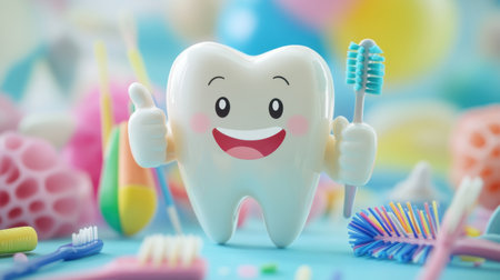 This vibrant image features a cheerful cartoon tooth character holding toothbrushes, symbolizing dental hygiene and health. Perfect for children's education.の素材