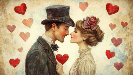 A charming vintage illustration depicting a romantic couple with red hearts, capturing the essence of love, intimacy, and nostalgia in a timeless setting.の素材