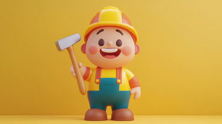This adorable cartoon builder character holds a hammer and features a big smile against a bright yellow background, perfect for children's designs and education.の素材