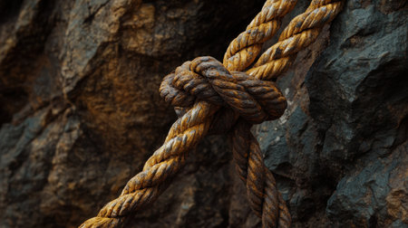 A detailed close-up image showcasing a weathered yellow rope knot tightly secured against a rugged rock background, highlighting natural textures.の素材