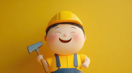 A cheerful cartoon builder character smiles while holding a hammer. The vibrant yellow background enhances the playful and joyful theme of construction and creativity.の素材