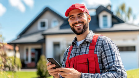 A cheerful male worker in red overalls uses his smartphone outside a modern house. The bright day and friendly demeanor highlight his profession and pride in his work.の素材