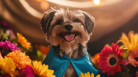 A joyful dog wearing a bright cape poses amidst vibrant flowers and soft lights, capturing the essence of happiness and playfulness in a cozy setting.の素材