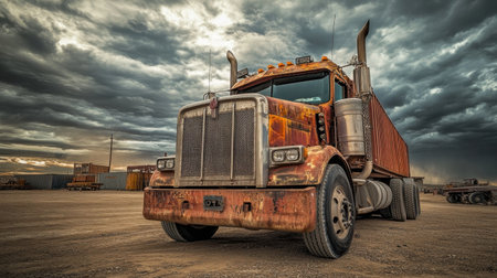 A weathered freight truck stands in an outdoor setting, surrounded by clouds and vast terrain, showcasing its vintage charm and industrial character.の素材