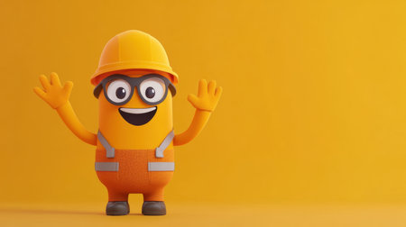 This vibrant cartoon construction worker character features a cheerful expression and bright orange attire, perfect for playful and educational themes.の素材