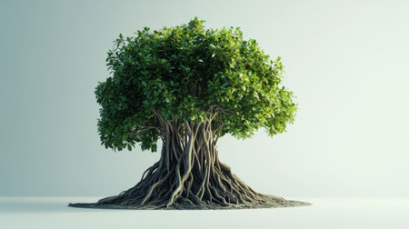 A vibrant green tree with an impressive root system stands in a minimalist setting, symbolizing strength, growth, and tranquility in nature. Ideal for environmental themes.の素材