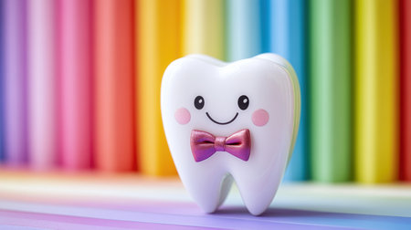 This charming cartoon tooth character features a joyful smile and a cute bow tie, set against a vibrant, colorful background. Perfect for dental health education.の素材
