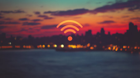 A vibrant sunset paints the sky over a blurred urban skyline, featuring a Wi-Fi icon symbolizing connectivity and modern technology. Perfect for digital themes.の素材