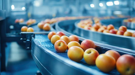 A vibrant scene of fresh apples rolling on a conveyor belt in a modern packing facility. The image captures the essence of food production and quality control in agriculture.の素材
