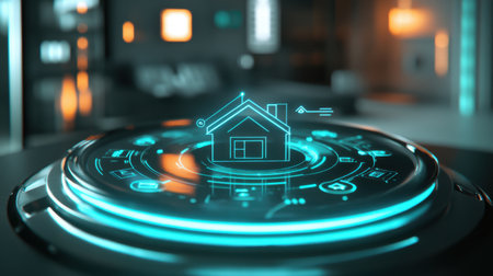This image showcases a futuristic representation of smart home technology, featuring a digital interface with a house symbol, emphasizing innovation in home automation.の素材
