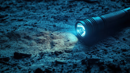A bright LED flashlight rests on the dark ground, casting a vibrant blue light that reveals textures and shadows. Ideal for outdoor adventures and safety explorations.の素材