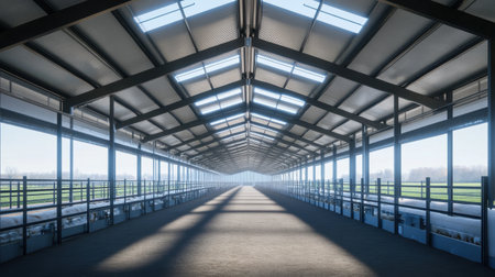 A bright, spacious interior of a modern farm building showcases natural light streaming through large windows, creating a serene atmosphere.の素材