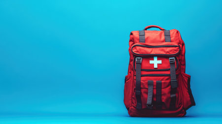A bright red backpack featuring a white cross symbol, ideal for outdoor adventures and emergency preparedness. Stylish design on a vibrant blue background.の素材