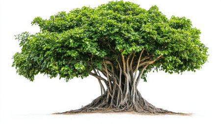 A magnificent green tree stands robust with thick roots and a lush canopy on a pristine white background, symbolizing nature's beauty and serenity.の素材