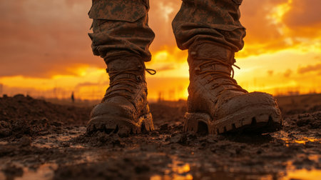 A close-up of muddy military boots set against a stunning sunset sky, capturing the essence of resilience and adventure in the great outdoors.の素材