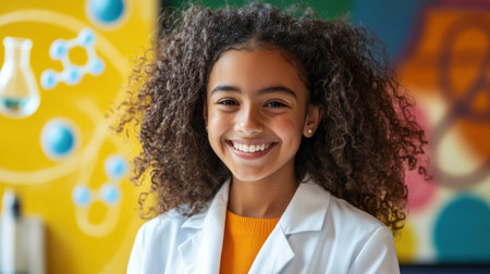 A joyful young girl with curly hair smiles warmly in a laboratory coat. The colorful background enhances the atmosphere of learning and discovery.の素材
