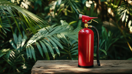 A vibrant red fire extinguisher is placed on a rustic wooden surface, surrounded by lush green foliage, emphasizing safety and emergency preparedness in nature.の素材