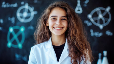 A young female scientist with curly hair smiles confidently in a laboratory. The backdrop features science symbols, emphasizing her passion for research and education.の素材