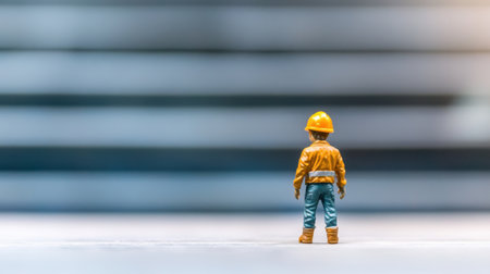 A small toy construction worker stands alone facing a set of stairs, highlighting themes of perseverance and ambition in a minimalist backdrop.の素材