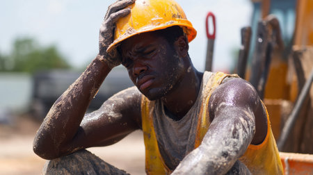 A weary construction worker wearing a helmet sits in a dusty construction site, showing signs of exhaustion and deep thought under the sun.の素材