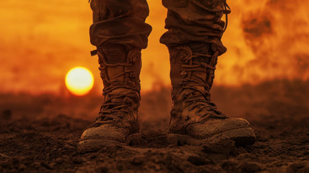 A pair of dirty combat boots stands firmly on the ground against a stunning sunset backdrop. The image captures the rugged essence of adventure and resilience in nature.の素材