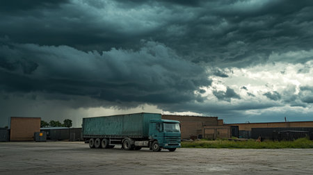 A solitary truck sits in an abandoned parking lot, surrounded by dark storm clouds. The dramatic sky sets an ominous mood, perfect for conveying industrial themes.の素材