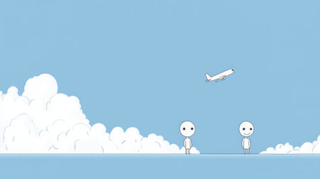 Two simplistic characters stand under a clear blue sky, observing an airplane soaring above fluffy clouds, embodying themes of travel and adventure.の素材