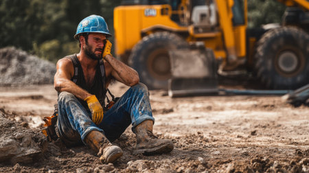 A weary construction worker in a blue hardhat sits on the ground, taking a break while talking on the phone. The scene captures the essence of hard labor and dedication in a natural outdoor setting.の素材