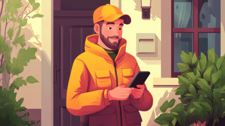 A young man in a bright autumn jacket stands outside a house, using his smartphone. The scene captures a modern lifestyle, blending technology with a relaxed atmosphere.の素材
