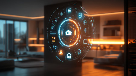 Explore a futuristic smart home interface concept designed for a modern living room, showcasing digital innovation and seamless connectivity for a better lifestyle.の素材