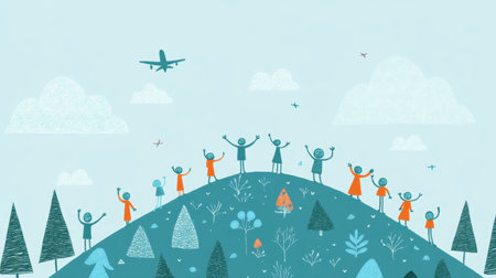 A vibrant illustration depicting a joyful gathering of people celebrating on a hill under a bright sky. The scene captures happiness and togetherness amidst nature.の素材