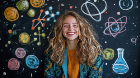 A joyful girl with curly hair smiles in front of a vibrant science-themed chalkboard, showcasing creativity and enthusiasm for learning. Ideal for educational content.の素材