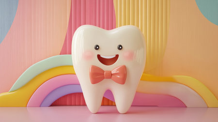 Playful cartoon tooth character with a bow tie, exuding joy and charm against a vibrant and colorful background. Perfect for dental health promotions and children's products.の素材