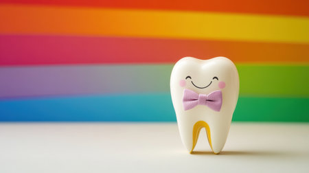 Cheerful cartoon tooth character with a bow tie and a vibrant rainbow background. This playful design emphasizes dental health and happiness, perfect for children's educational materials.の素材