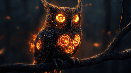 This stunning artwork features a mechanical owl perched on a dark branch, showcasing intricate details and a mesmerizing glow from its gears and eyes.の素材