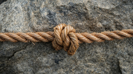 A detailed close-up image of a thick natural rope knot securely tied to a rugged rock surface, showcasing the texture and resilience of natural materials in outdoor settings.の素材