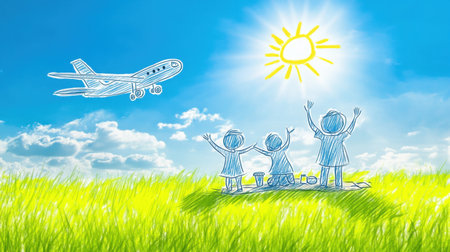 Three children joyfully watch a drawn airplane in a bright sky, celebrating creativity and imagination under the warm sun. Perfect for themes of adventure and joy.の素材