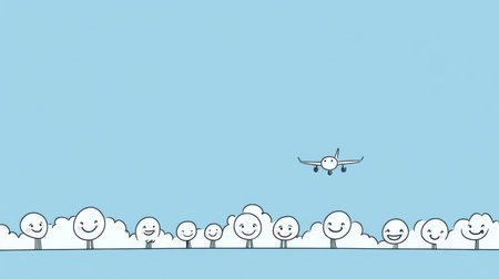 A cheerful illustration featuring happy characters beside trees, with an airplane flying in a bright blue sky. Ideal for conveying joy and travel themes.の素材