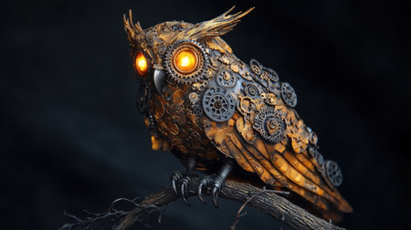 This intricate mechanical owl sculpture features glowing eyes and detailed gear elements, blending artistry with industrial design in a stunning display of creativity.の素材