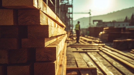 A stack of lumber waits for use on a construction site at sunrise, with a silhouetted worker in the background, showcasing the essence of construction and industry.の素材