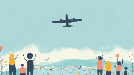 A cheerful scene featuring diverse people joyfully watching an airplane soar above a vibrant landscape filled with colorful flora and gentle clouds.の素材