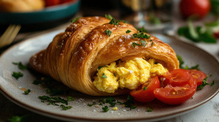 Indulge in this flaky croissant filled with creamy scrambled eggs and served with fresh tomatoes. A perfect breakfast or brunch option, beautifully presented.の素材