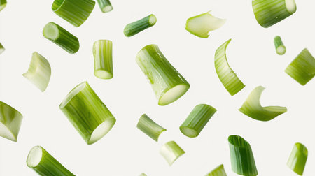 Experience the freshness of green onion pieces as they float elegantly against a light background, perfect for culinary themes and healthy cooking visuals.の素材