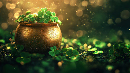 A golden pot filled with green clover leaves shines amidst a dreamy backdrop. The enchanting light and soft bokeh create a magical atmosphere of growth and luck.の素材
