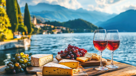 Enjoy a serene moment by the lake, featuring delicious cheese, fresh grapes, and elegant glasses of red wine. Perfect for a relaxing outdoor picnic.の素材