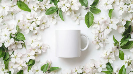 A white coffee mug sits elegantly surrounded by delicate white flowers and lush green leaves, creating a serene and fresh atmosphere ideal for spring-themed designs.の素材